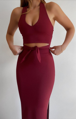 Stretch Bodycon Set with Halter Top and Maxi Skirt